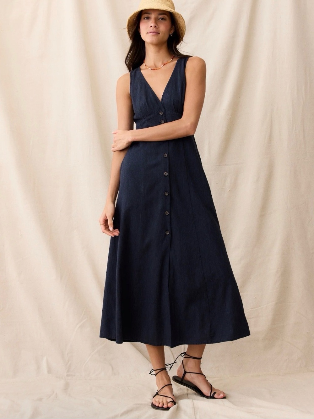 Marine Layer Camila Maxi Dress Medium India Ink Hemp TENCEL Button Front $158 - Picture 2 of 15